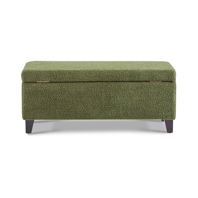 Storage Ottoman with Flip-Top Lid, Easy Assembly, Boucle Fabric & Birch Wood Legs, Green