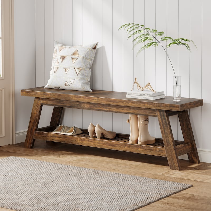 55" Entryway Bench with Shoe Storage, Large 2-Tier Foyer Bench - Brown