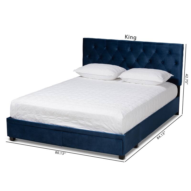 Navy Blue Velvet Queen Bed with Storage Modern Platform Bed Frame, 2 Drawers, Headboard Included