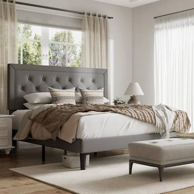 Modern Linen Upholstered Platform Bed with Tufted Button Headboard and Wood Slat Support