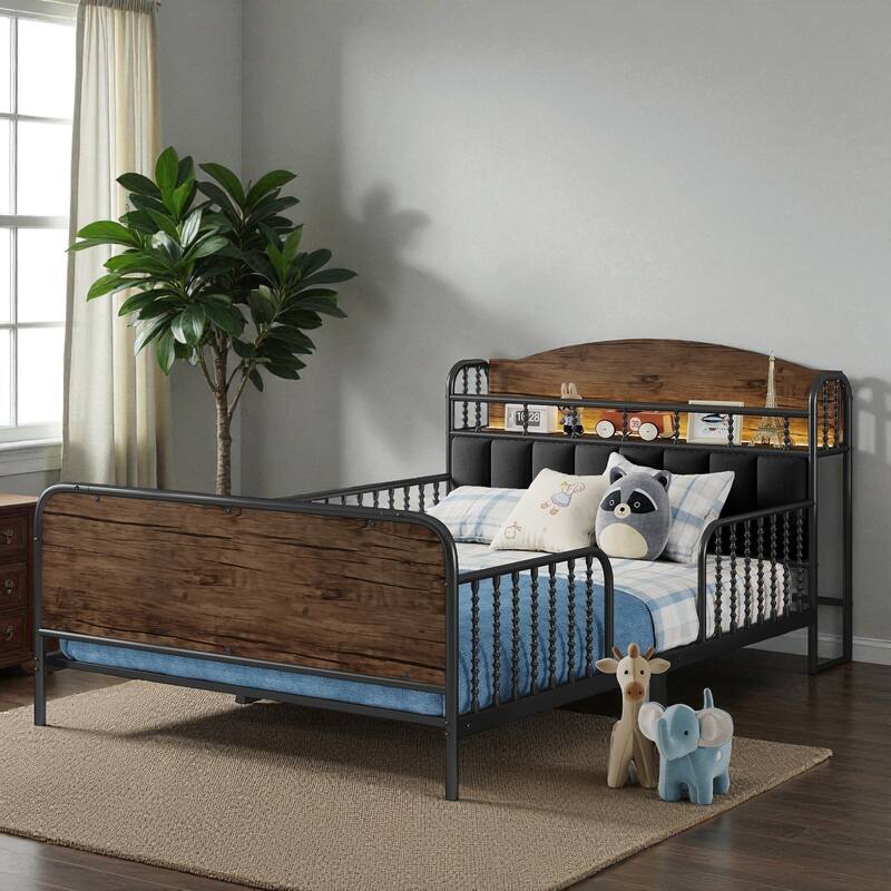 Twin/Full Size Metal Platform Bed with LED Lights and Upholstered Headboard, Kids Bed Frame with Storage Shelf - Black - Full