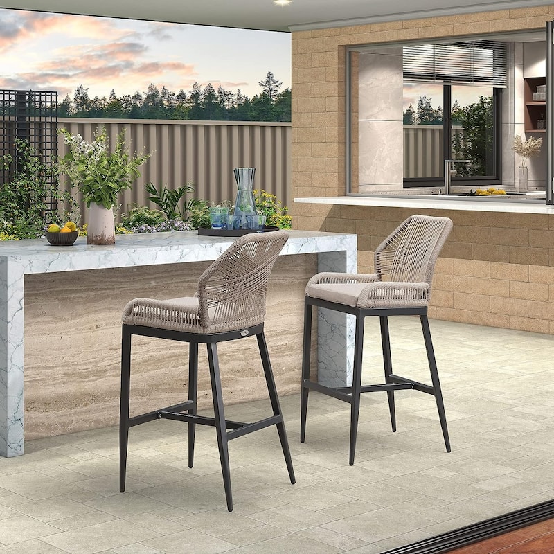 PURPLE LEAF 2 Set Outdoor Bar Stool Chair Set, Modern Counter Height Stool, Cushion Included