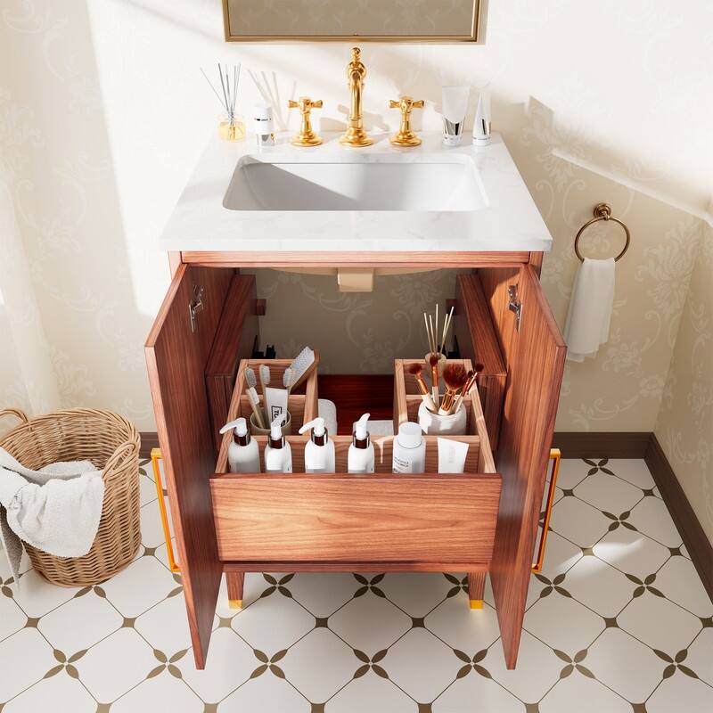 24-Inch Minimalist Bathroom Vanity with Sink – Waterproof Finish, Gold Handles, Compact Storage