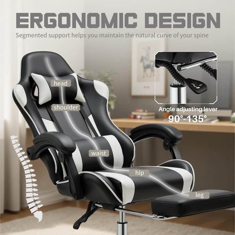 Ergonomic Faux Leather High Back Gaming Chair with Footrest & Linkage Armrests – Black & Gray for Adults