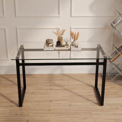 51" Modern Minimalist Rectangular Glass Dining Table for 4-6 with 0.31" Tempered Glass Tabletop and Black Chrome Metal Legs