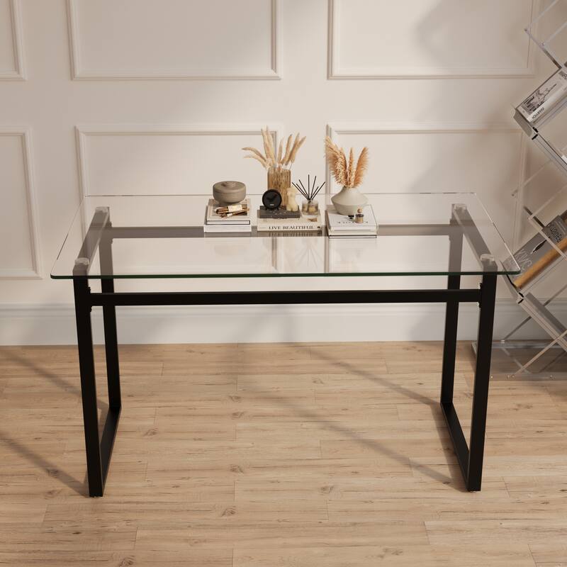 Modern Minimalist Rectangular Glass Dining Table for 4-6 with 0.31" Tempered Glass Tabletop and Black Chrome Metal Legs