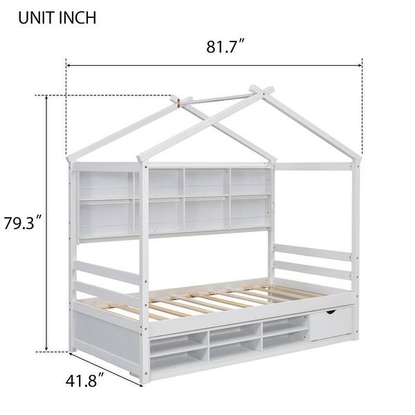 dimension image slide 2 of 3, Twin Size House Bed with Roof Frame, Bedside-shelves, Under Bed Storage Unit