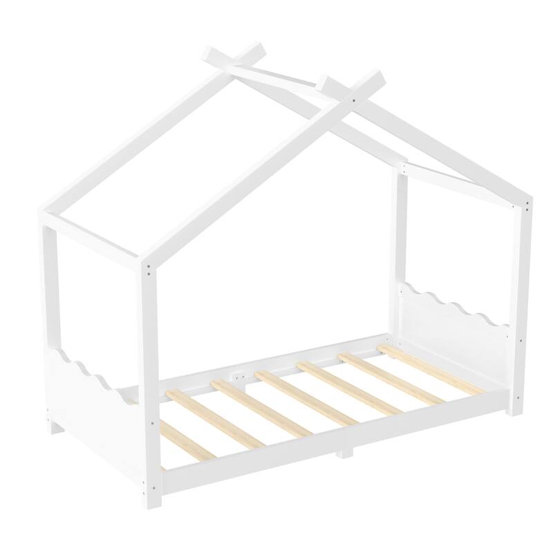 Roomfitters House Floor Bed with Support Slats, Solid Wood Open Frame Design
