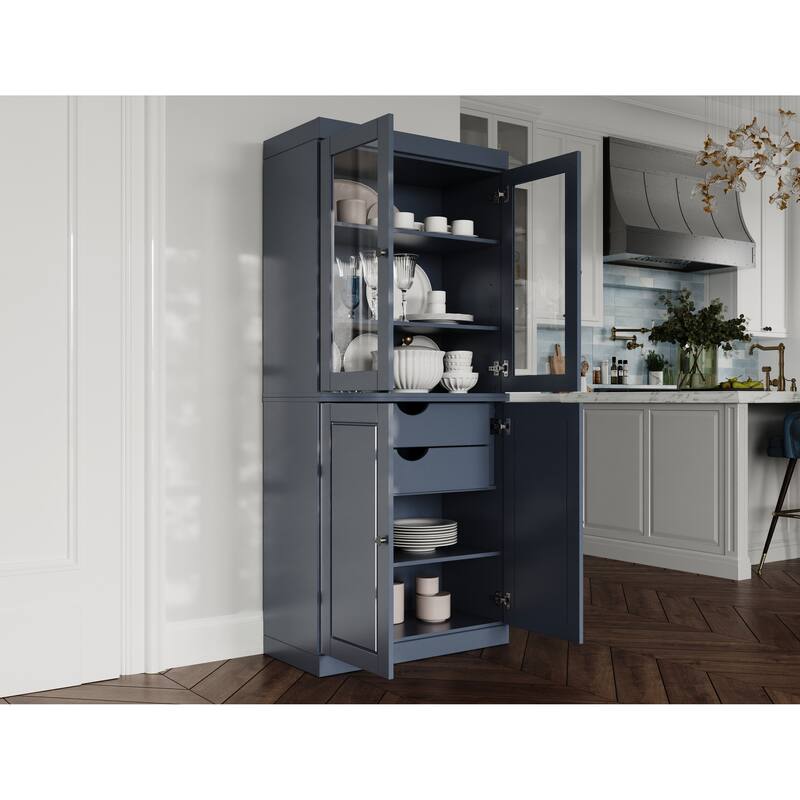 Palace Imports Solid Wood Pantry Cabinet, Raised Panel & Clear Glass Doors, 2 Drawers, Adjustable Shelves - Antique Blue