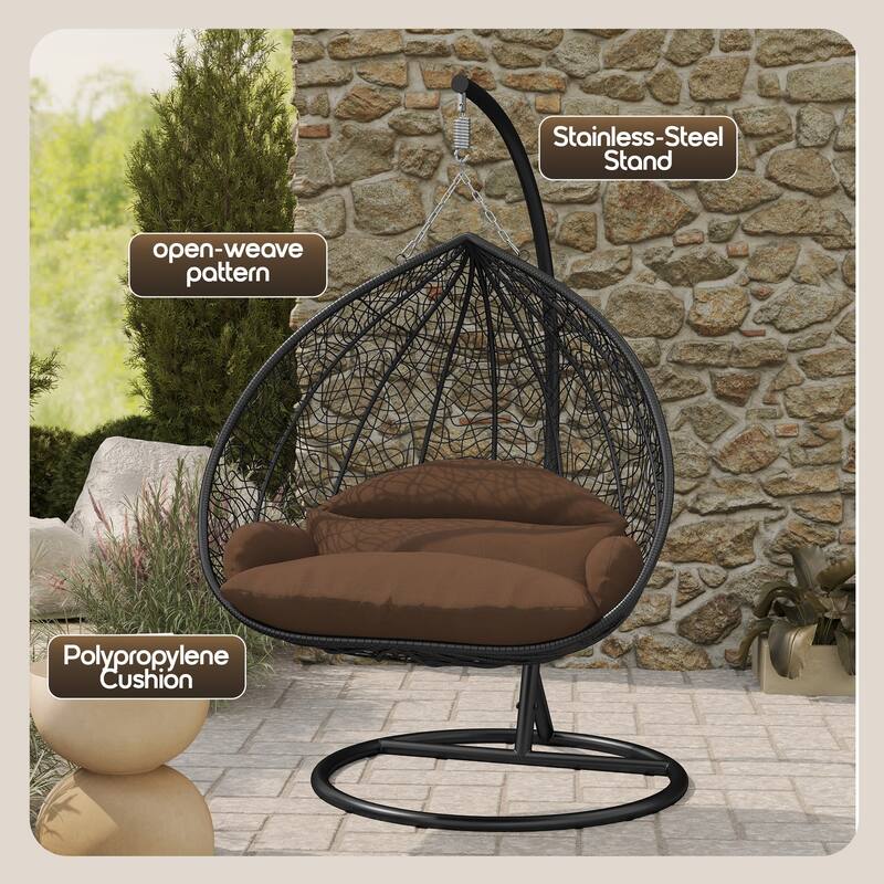 2-Person Outdoor Hanging Egg Chair with Teardrop Frame, Weather-Resistant Cotton Cushioned Seat for Patio and Indoor Use