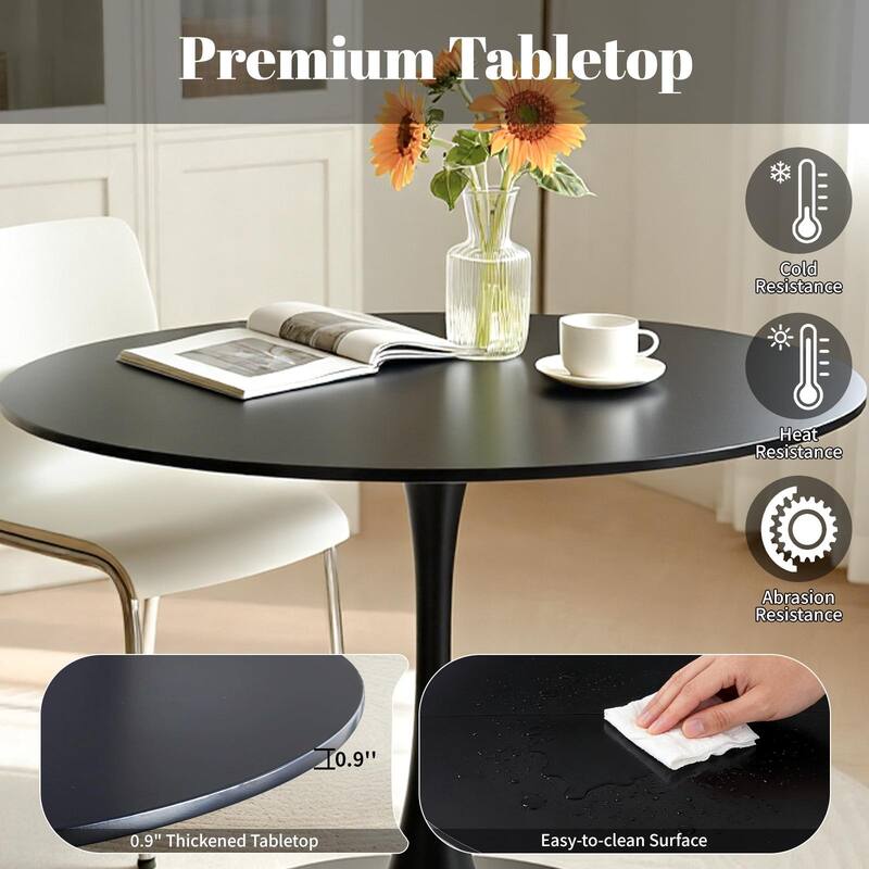 White Round Dining Table, Equipped with an elegant tulip-shaped metal base and a 31.5-inch medium-density fiberboard tabletop