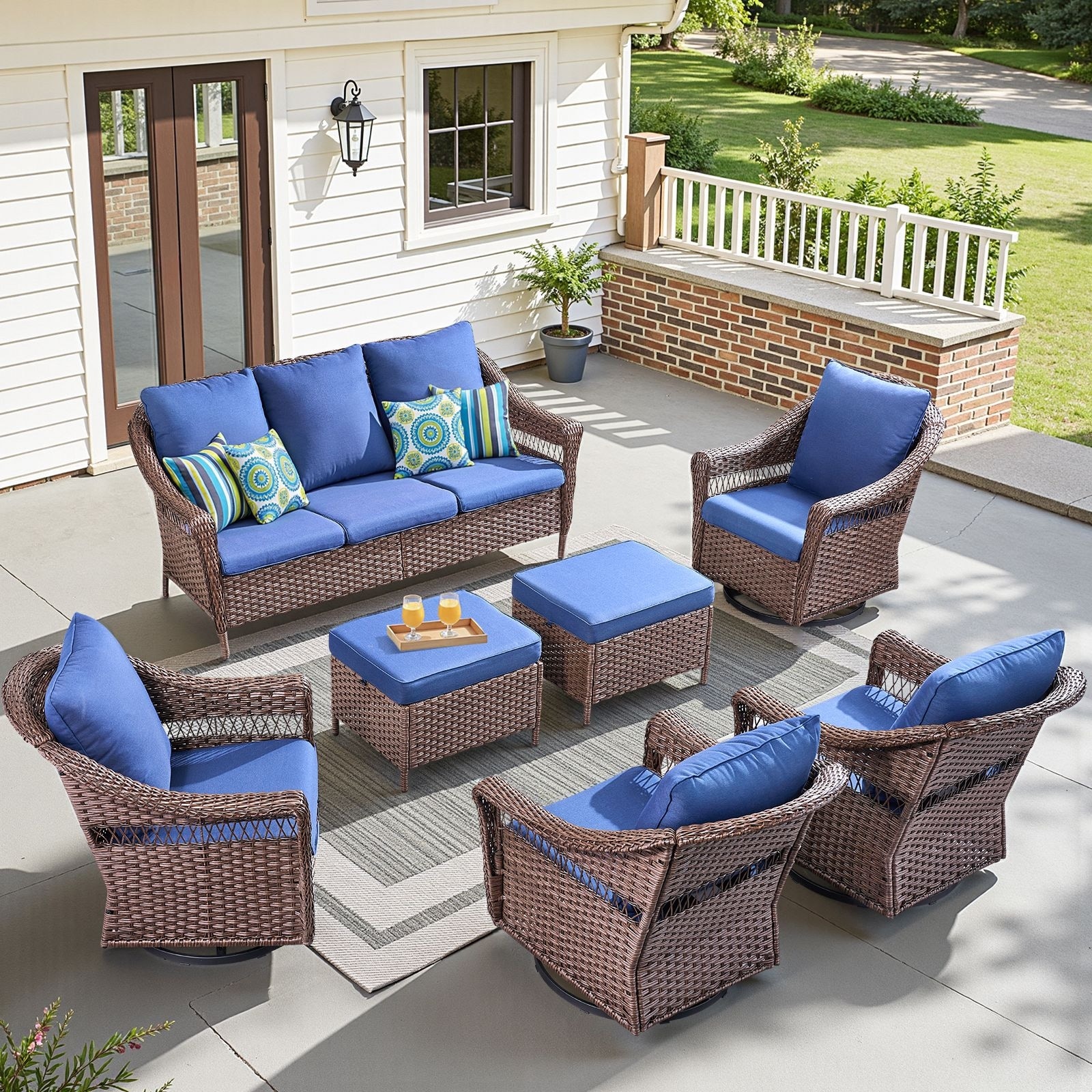 Pocassy 7 Pieces Patio Sofa Swivel Chair Table with Ottomans
