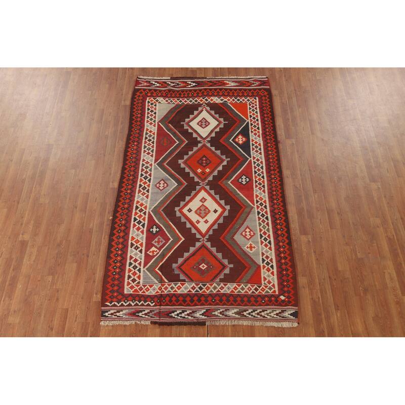 Geometric Kilim Shiraz Persian Area Rug Hand-Woven Wool Carpet - 4'9" x 8'4"