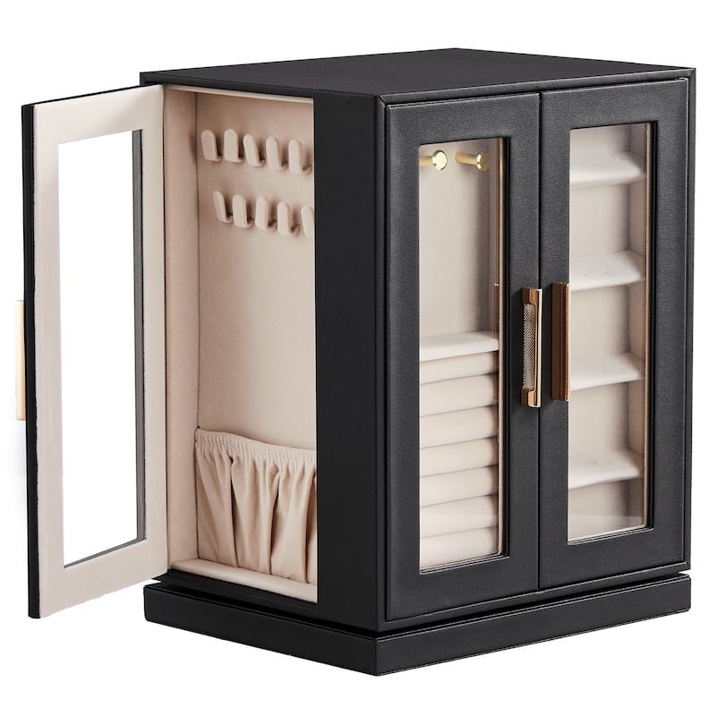 360° Rotating Jewelry Box with 5 Drawers - Black Cabinet & Pink Velvet Interior - Multi