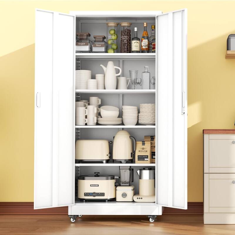 73" Rolling Garage Storage Cabinet with Locking Doors and Adjustable Shelves for Garage, Home Office, School