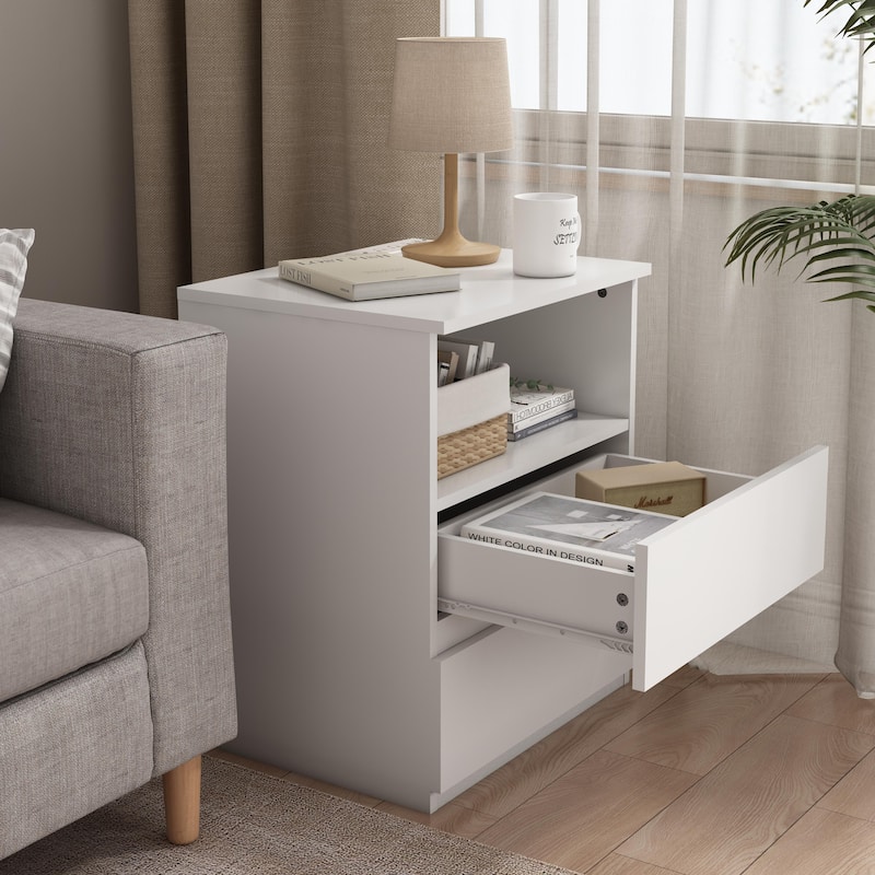 End Table with Fast USB C Charging Station, Sofa Side Table with 2 Drawers, Large Storage Modern Wood Storage Cabinet