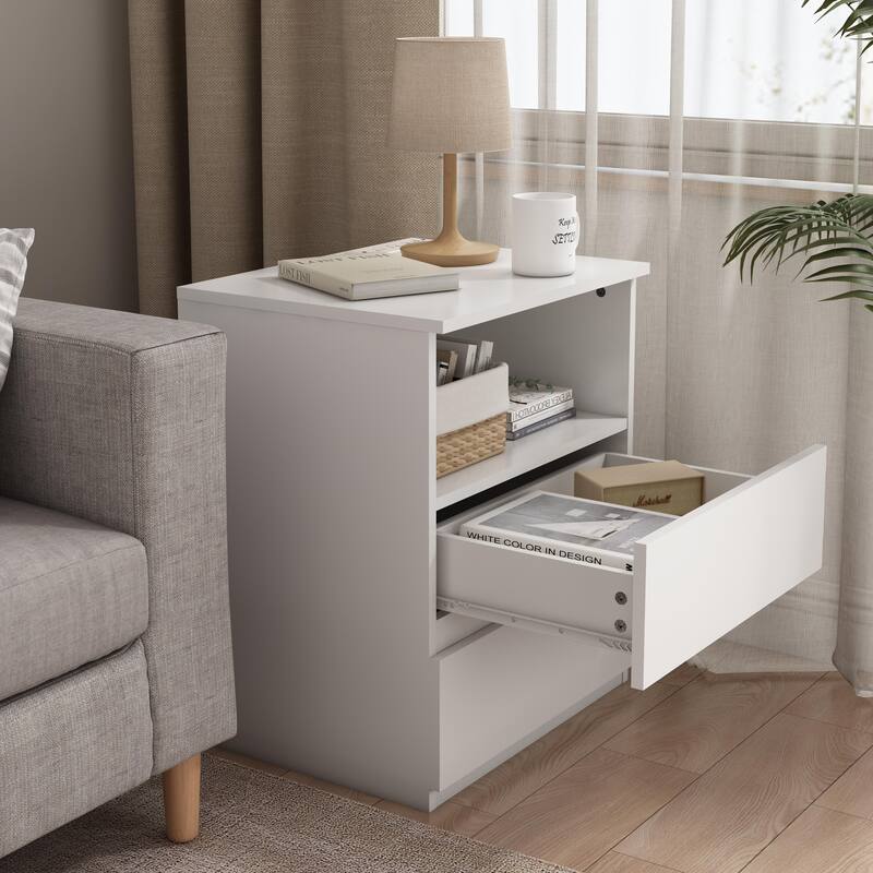 Nightstand with Charging Station, Sofa Side Table with Open Shelves & 2 Drawers, Large Capacity Wood Storage Cabinet