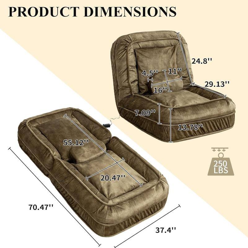70" Adjustable Bean Bag Sofa Bed for Humans & Pets with Massage Pillow & 2 Soft Pillows , Velvet Waterproof Cover