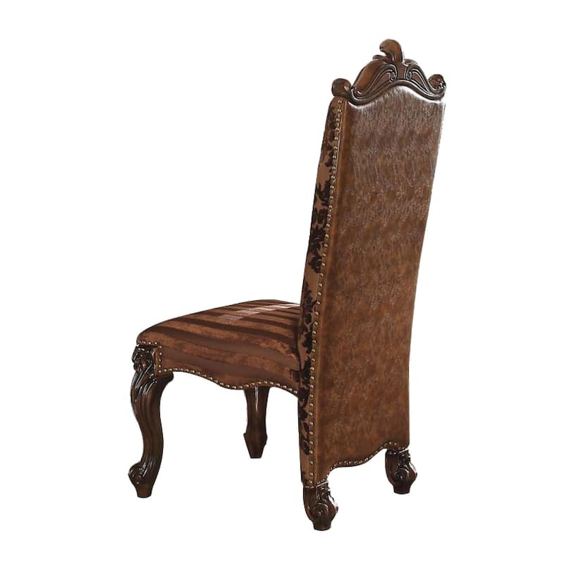 Faux Leather Upholstered Wooden Side Chair with Scrolled Carvings, Brown, Set of 2