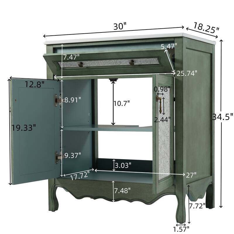 Christopher Knight Home - 30" Antique Pattern Bathroom Vanity with Ceramic Sink & Flip-Out Drawer