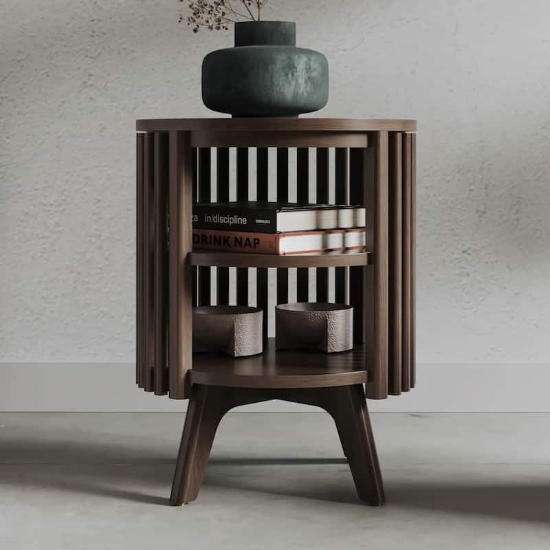Studio London Sierra End Table with Storage and Round Side Table - Dark Stained Walnut, Brass - Wood