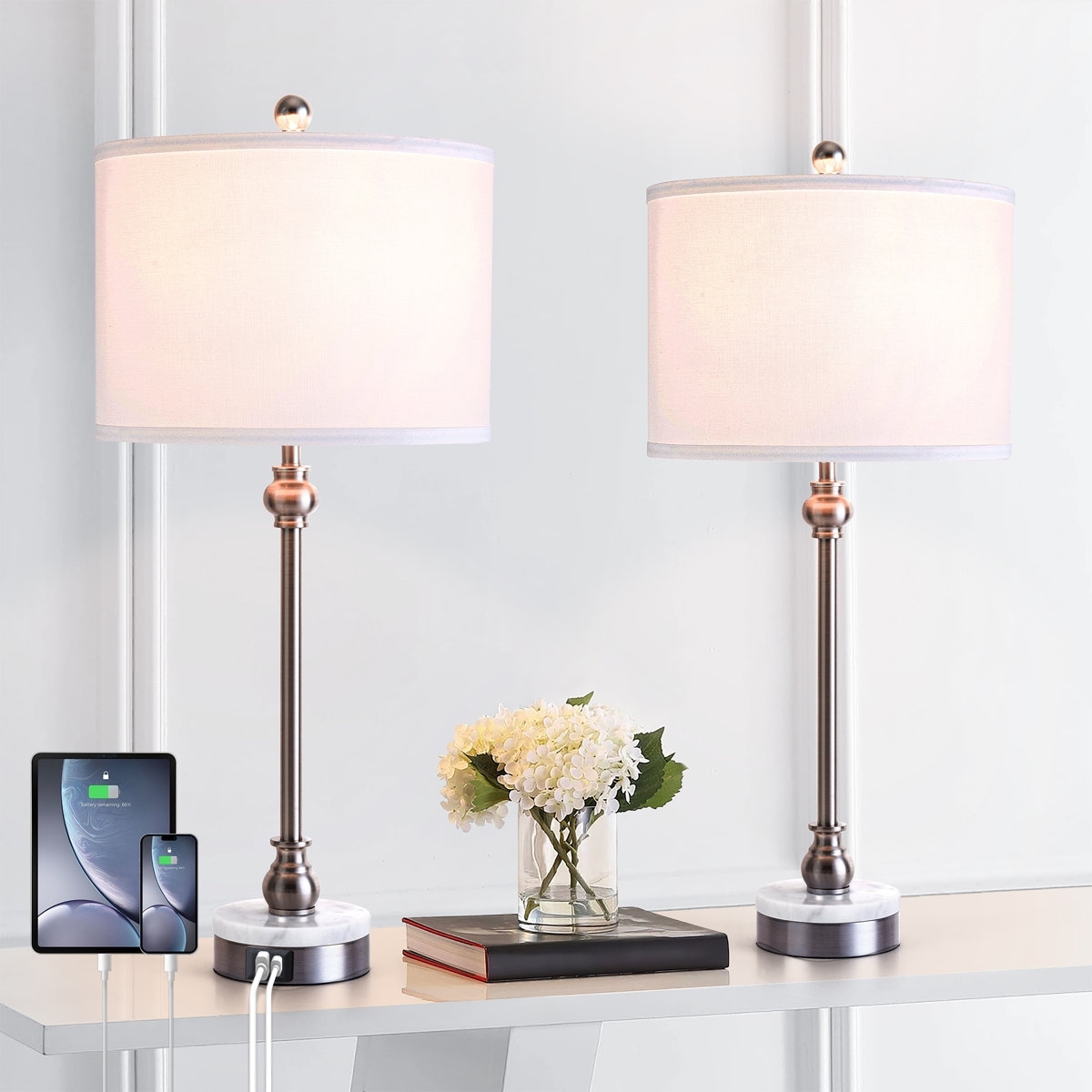 Maxax 28.5" Modern Transitional Marble Table Lamp with USB and Type-C Ports Tall Dining Lamp for Bedroom Living Room (Set of 2)
