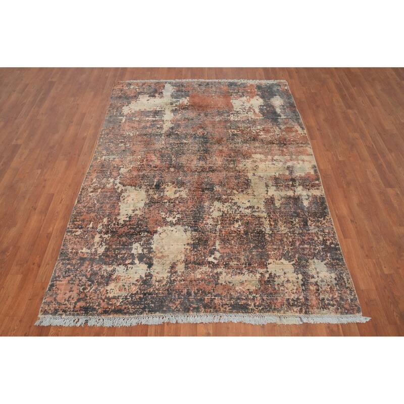 Hand Knotted Oriental Viscose Silk Carpet Modern All-Over Oranges & Rust Abstract Area Rug - 8' 0'' X 5' 7''