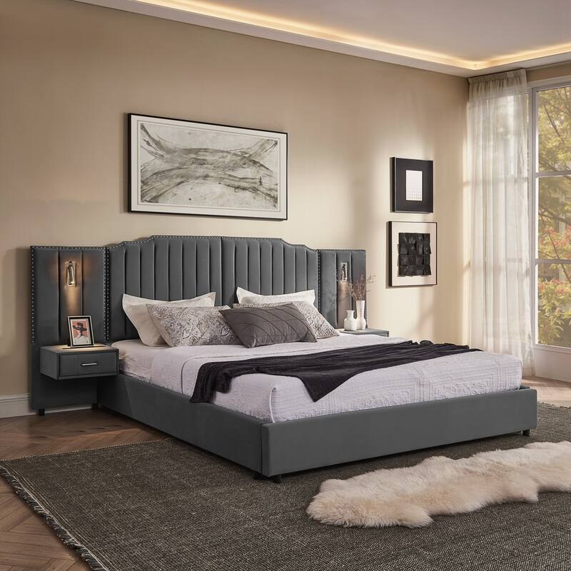 King Size Upholstered Bed Frame with Velvet Fabric - Grey