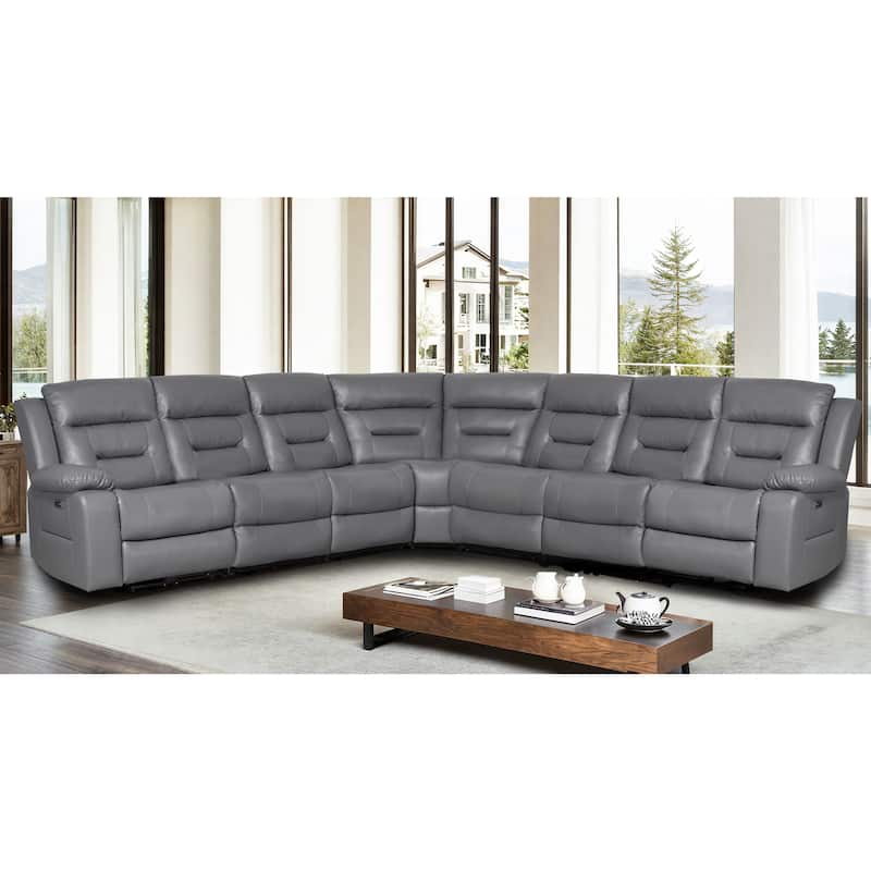 119'' Faux Leather Power Recliner 7-Seat Large Sectional Reclining Sofa with USB Port - Grey