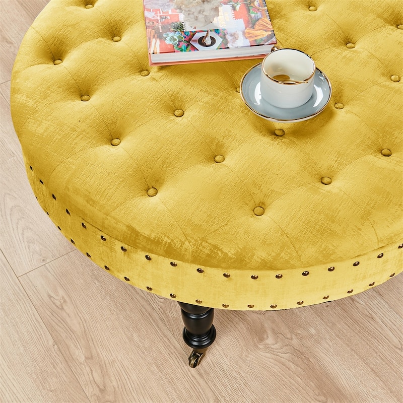 Round Velvet Tufted Coffee Table Ottoman, 34" x 34" x 17" H
