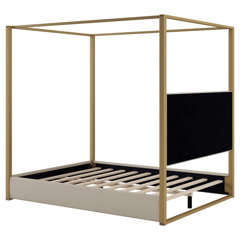 Roomfitters Queen Upholstered Canopy Platform Bed with Padded Headboard and Sturdy Metal Frame, Beige