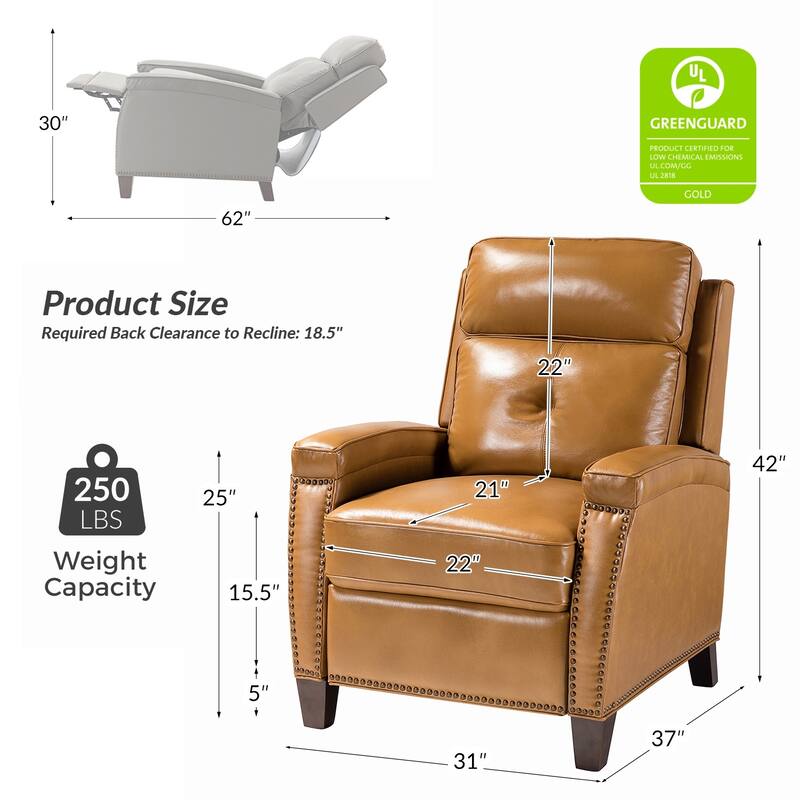 Gaspar Mid-Century Modern Genuine Leather Pushback Recliner with Wood legs Set of 2 by HULALA HOME