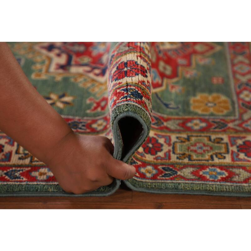 Green Geometric Kazak Accent Rug Handmade Oriental Wool Carpet - 3'4"x 4'10"