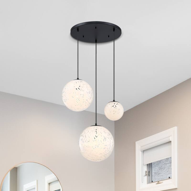 Circo 3-Light Matte Black Modern Globe Chandelier for Entryways with Mixed-Size White Art Glass Shades - 28.75