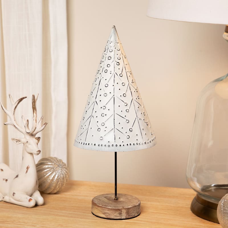 Embossed Winter Wonderland Metal Cone Christmas Tree Decoration - 14"