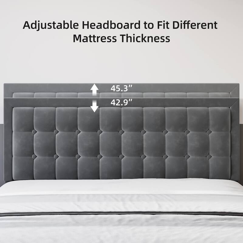Button Tufted Velvet Platform Bed with Adjustable Headboard