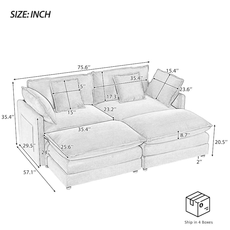 75.6" Corduroy Upholstered Modular Sleeper Sectional Sofa with Side Storage Pockets