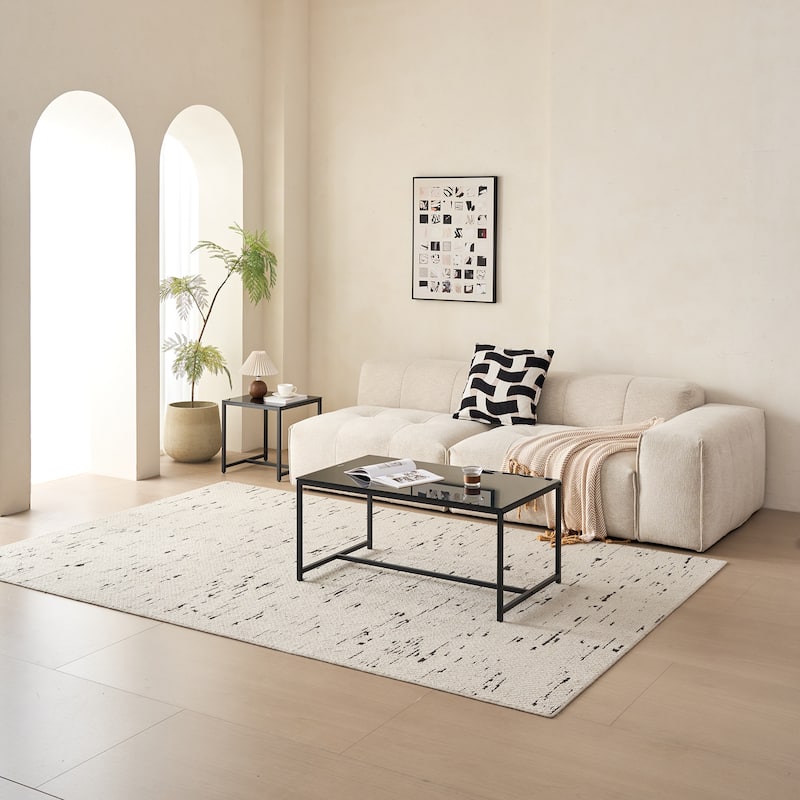 Black Glass Coffee Table, Small Tea Table, Glass with Metal Legs Sofa Table - Black