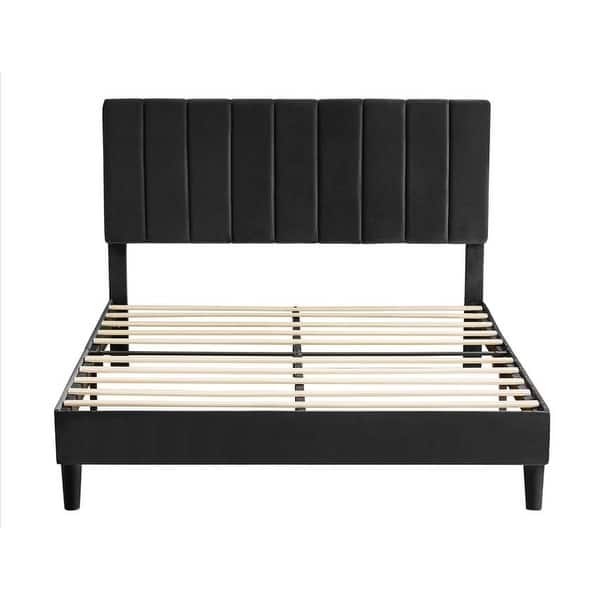 Full Platform Bed Frame with Black Upholstered Headboard Slat Support