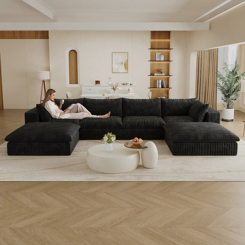 Corduroy Upholstered Deep Seat U-shaped Sectional Sofa with Ottomans and Double-layer Seat Cushions, Large Chaise Lounger Couch