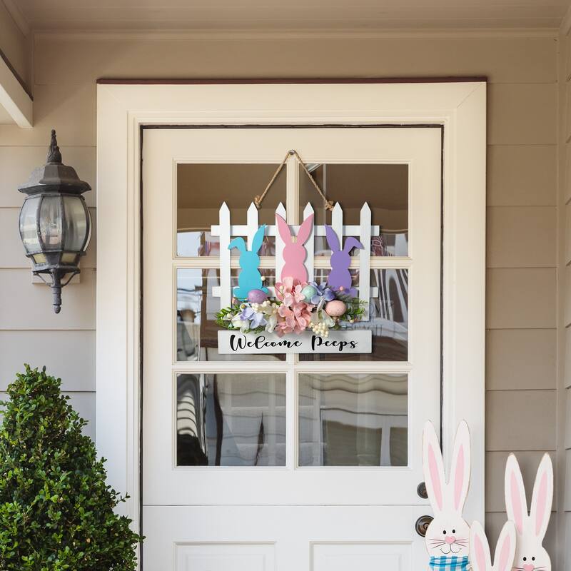 Glitzhome Easter Wooden Cute Bunny Eggs/Fence Door Hanger Wall Decor Spring Gift