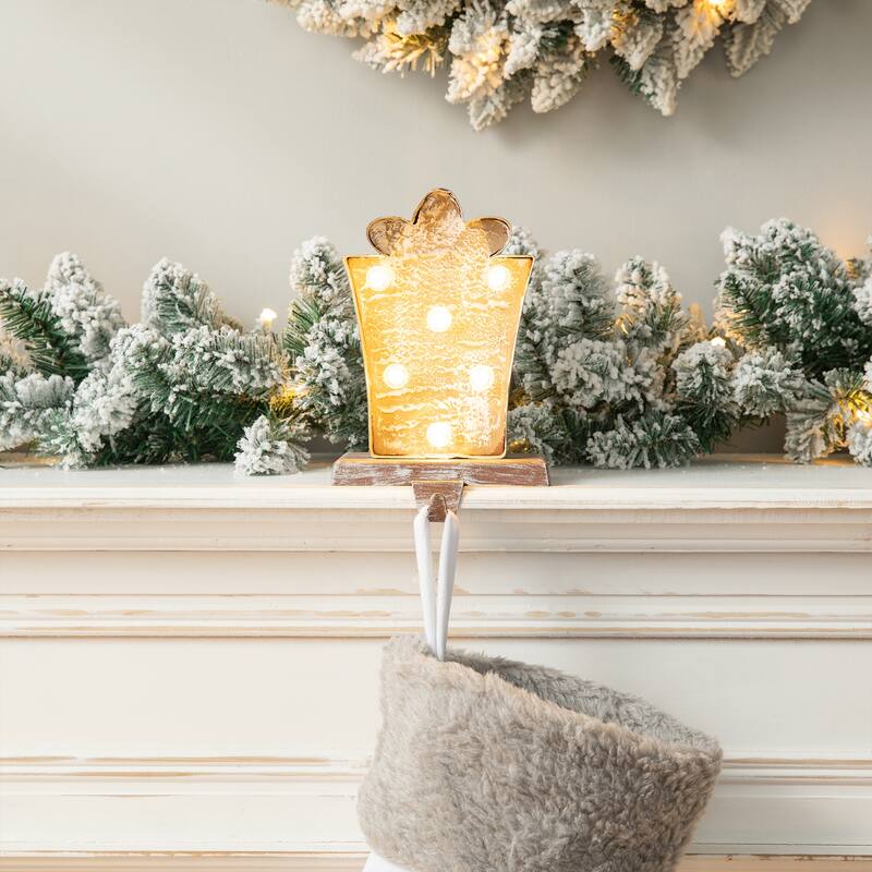 Glitzhome 7.5" H Christmas Silver LED Gift Box Heavy Duty Stocking Holders Mantel Ornament