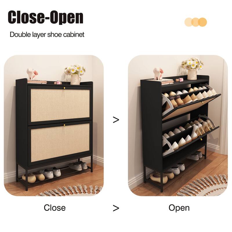Free-standing Two-tier Flip-out Drawer Wooden Shoe Storage