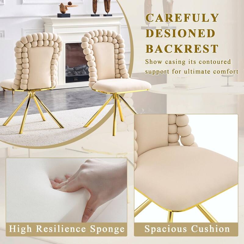 Set of 2 Puffy Bubble Velvet Dining Chairs with Ball Chain Detail & Gold Legs