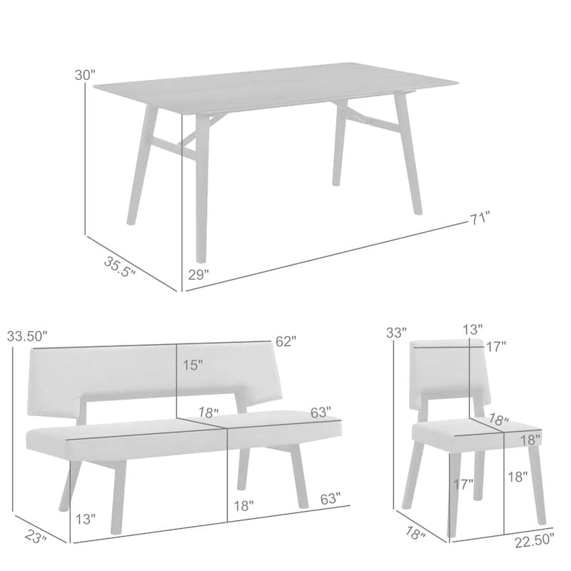 Channell Black or Walnut Wood 6 Piece Dining Set with Upholstered Chairs and Bench