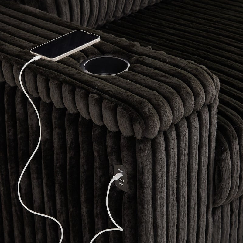 110" Oversized L-Shaped Corduroy Corner Sofa with Two USB Ports and Two Cup-holder