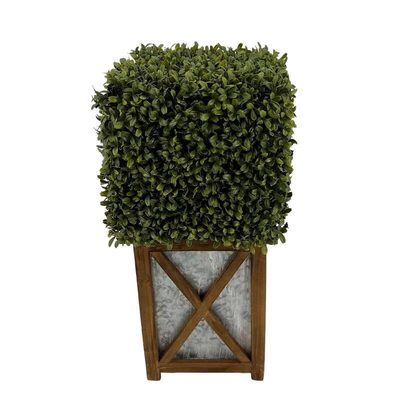 Faux Boxwood Square Topiary in Crisscross Stout Wood/ Metal