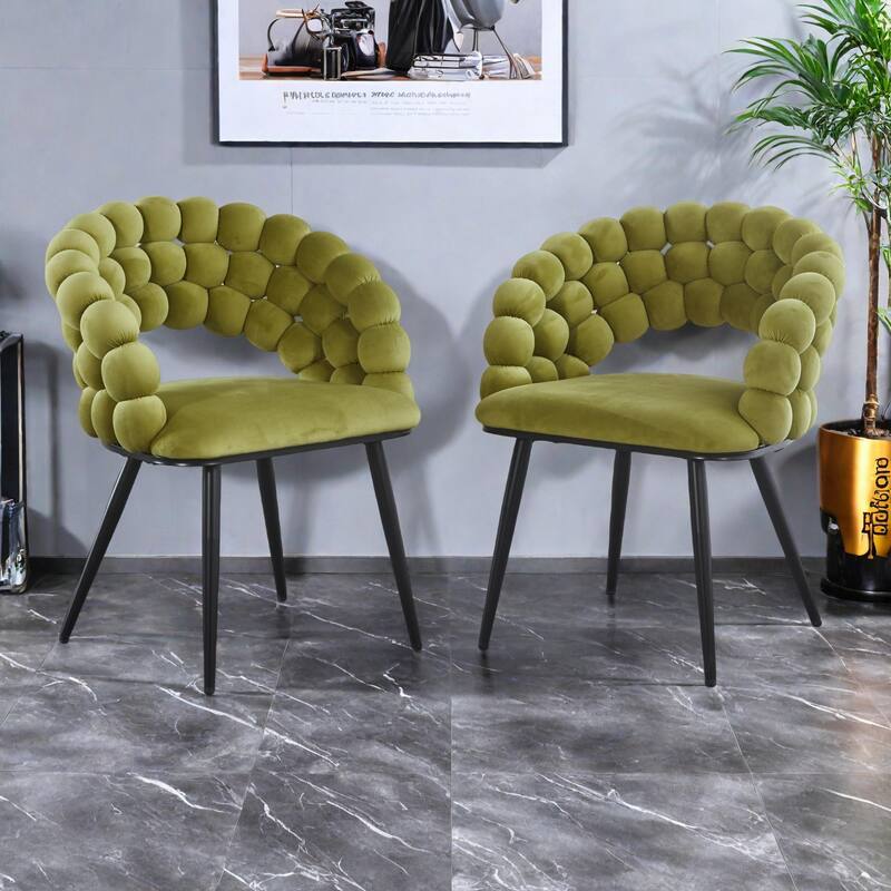 Fabric Modern Chairs (Set of 2) with Golden Iron Tube Legs, Soft Cushions, and Comfortable Backrest - Green