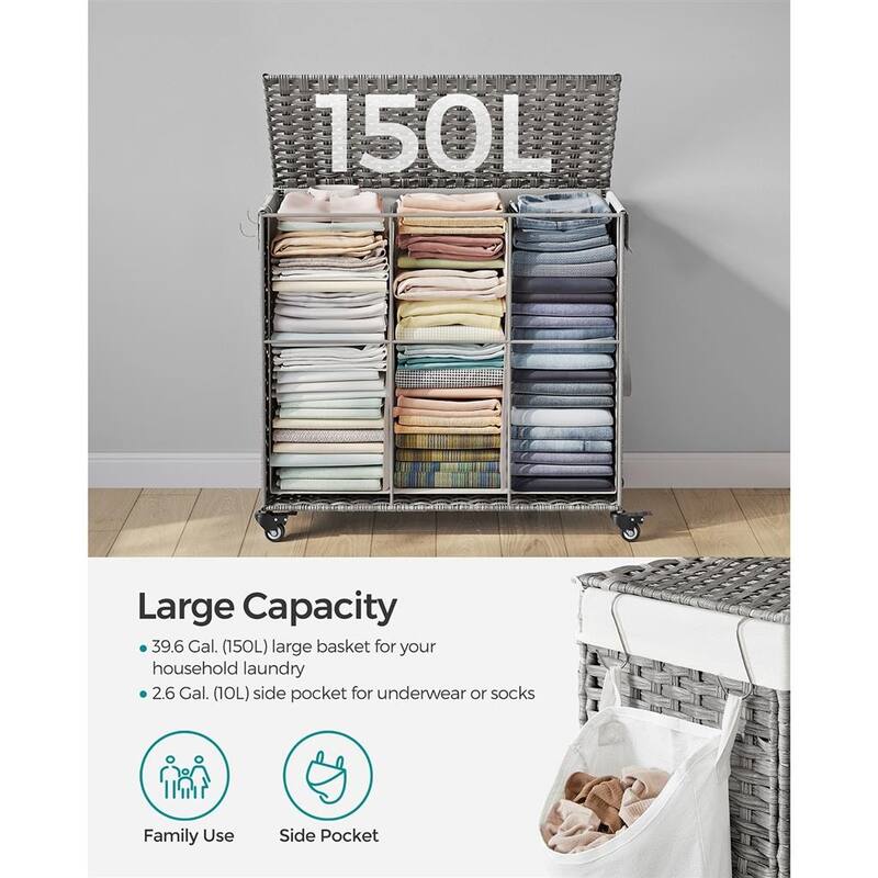 3-Compartment Laundry Bin with Lid and Wheels Large Rattan Hamper with Pull Handle and Pocket - 27.6”L x 14.2”W x 26”H