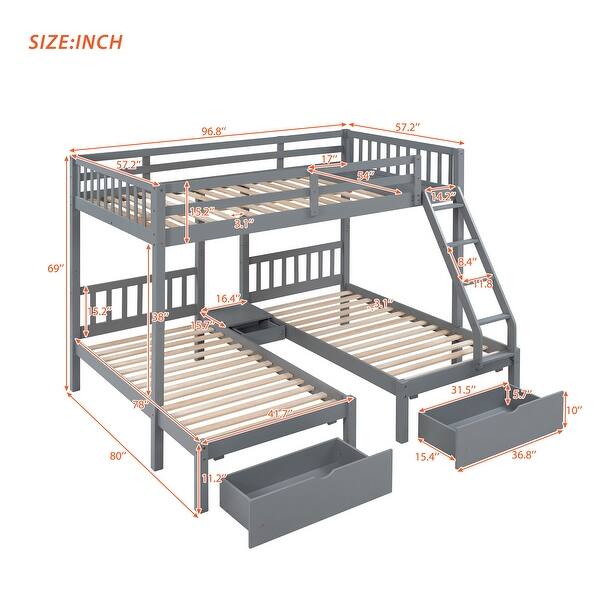 dimension image slide 1 of 2, Triple Bunk Bed with Ladder and Storage Drawers, Full Over Twin & Twin Bedframe, Solid Wood Detachable Triple Bed for Kids Teens